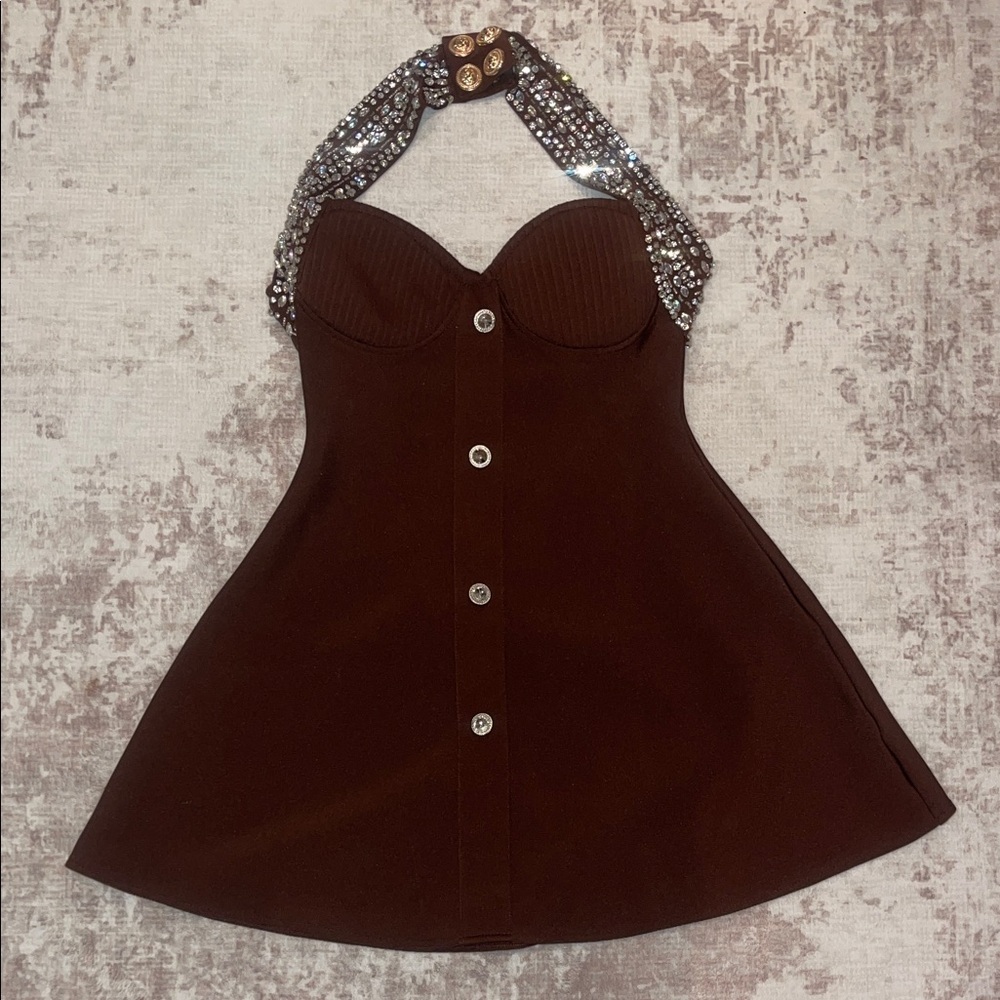 Elegant Brown Halter Dress with Sequin Detail
